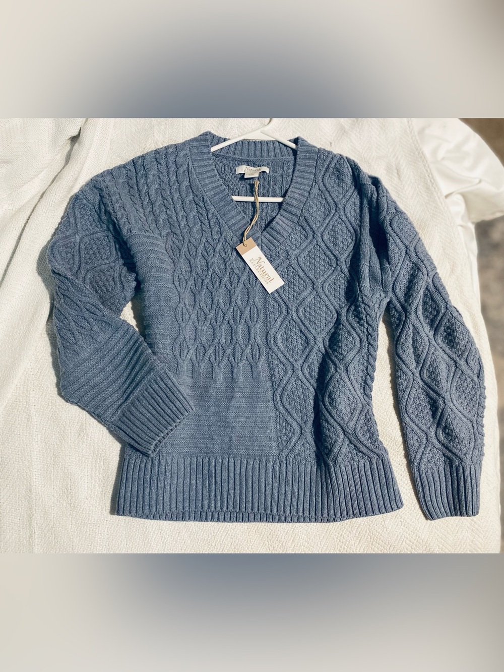 Natural Reflections Blue Cable-Knit V-Neck Sweater